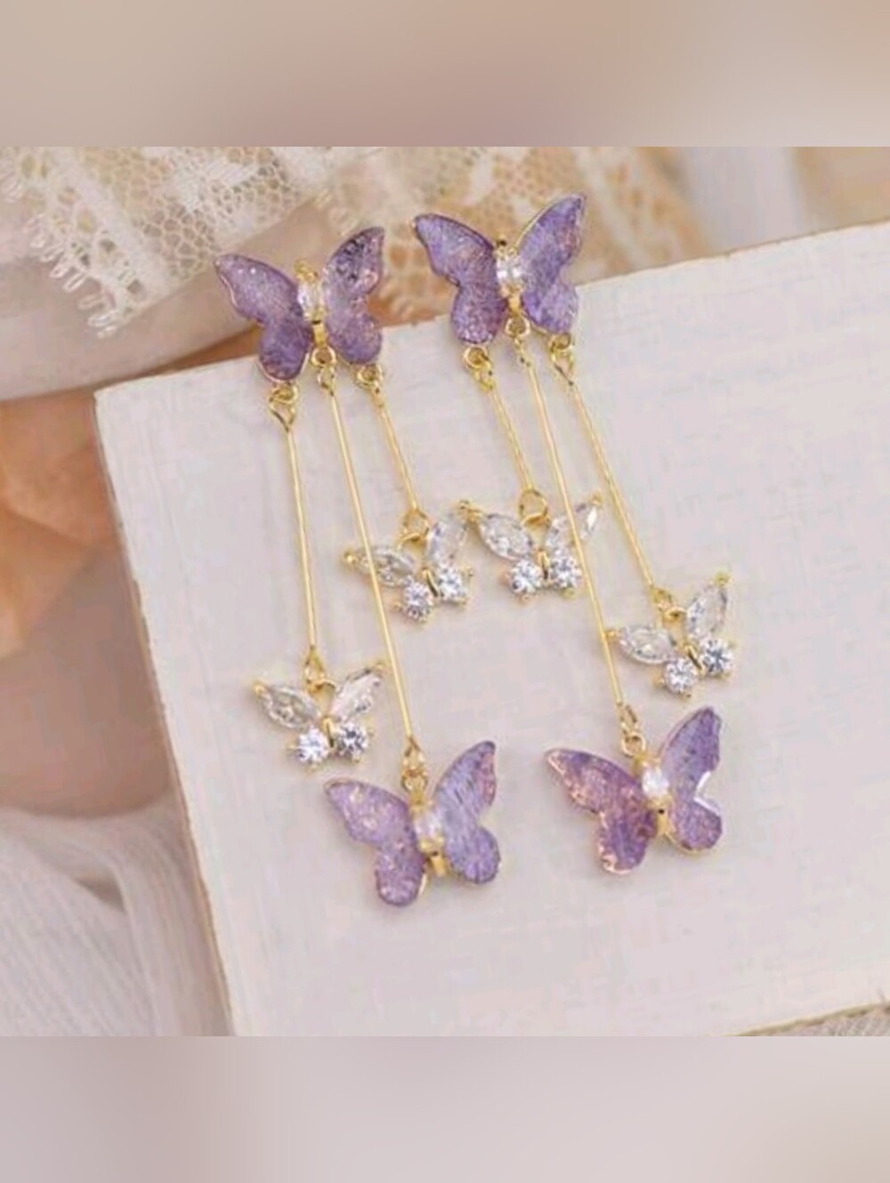 Beautiful Purple Butterfly Rhinestone Tassel Dangle Earrings NWT